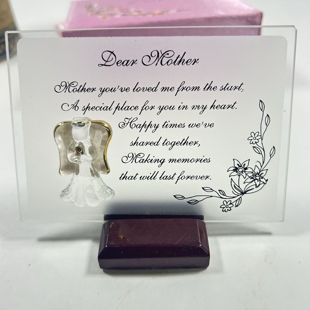 Vintage Glass Mother Poem Plaque Keepsake Figure Miniature Angel Gift Boxed - Picture 1 of 3